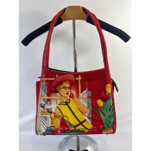 Novelty Print Plush Handbag Red Retro‎ Pin-Up Lady Beaded Top Handle Purse